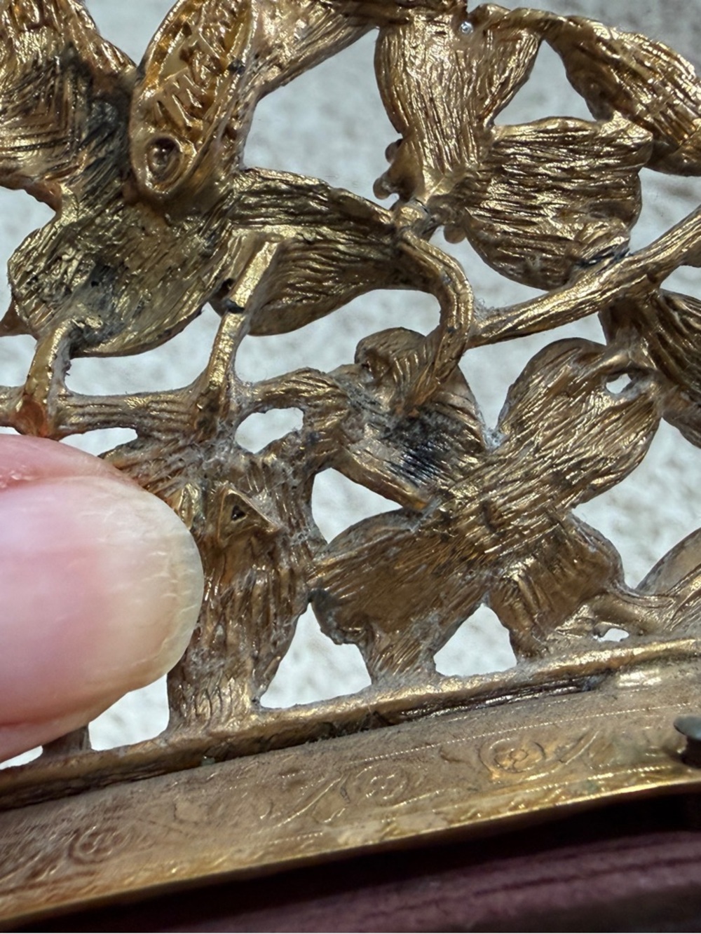 Matson vintage 24k gold vanity tray mirror bird and floral design. Velvet back. - Picture 10 of 16